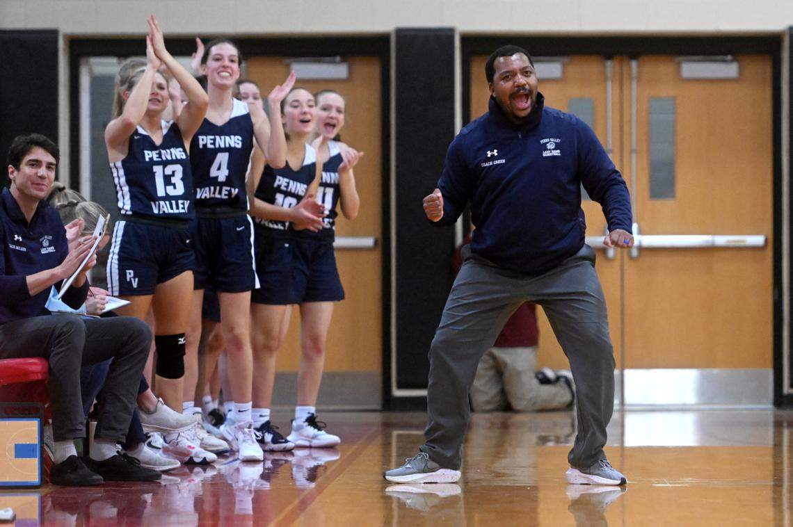Penns Valley girls basketball coach Terrance Green reacts to a basket during the game against Bellefonte on Monday, Jan. 23, 2023.