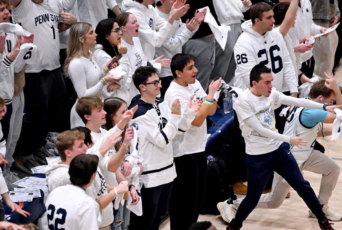 The student section Legion of Blue cheers on the Penn State men’s basketball team during the game against Wisconsin in Rec Hall on Thursday, Jan. 22, 2026. 