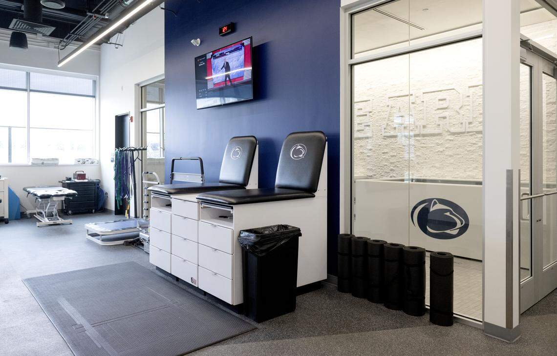 The training room in the new Jeffrey Field Soccer Complex. Having the training room right next to the weight room and playing field is an improvement for the athletes.