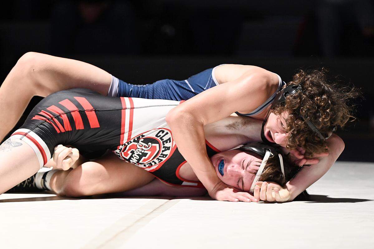 Penns Valley’s Tripp Watson controls Clearfield’s Bryndin Chamberlain in their 127-pound bout of the Rams’ 37-24 loss on Thursday. Watson earned a 4-1 win over Chamberlain.