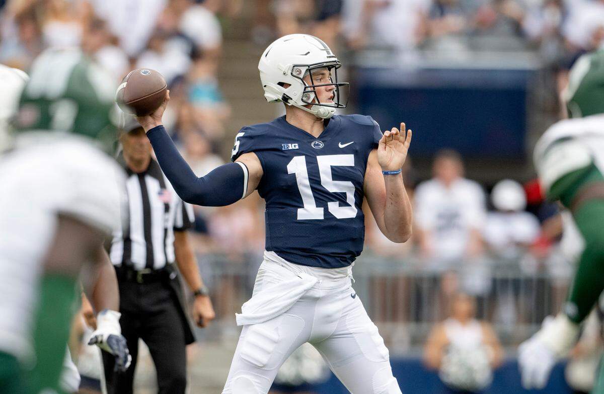 Penn State quarterback Drew Allar makes a pass during the game against Ohio on Saturday, Sept. 10, 2022.