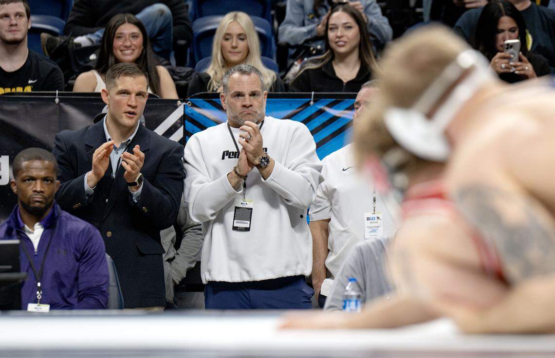 Penn State wrestling general manager Clay Steadman and athletic director Pat Kraft cheer on Josh Barr during the Big Ten wrestling championships on Saturday, March 7, 2026 at the Bryce Jordan Center. 