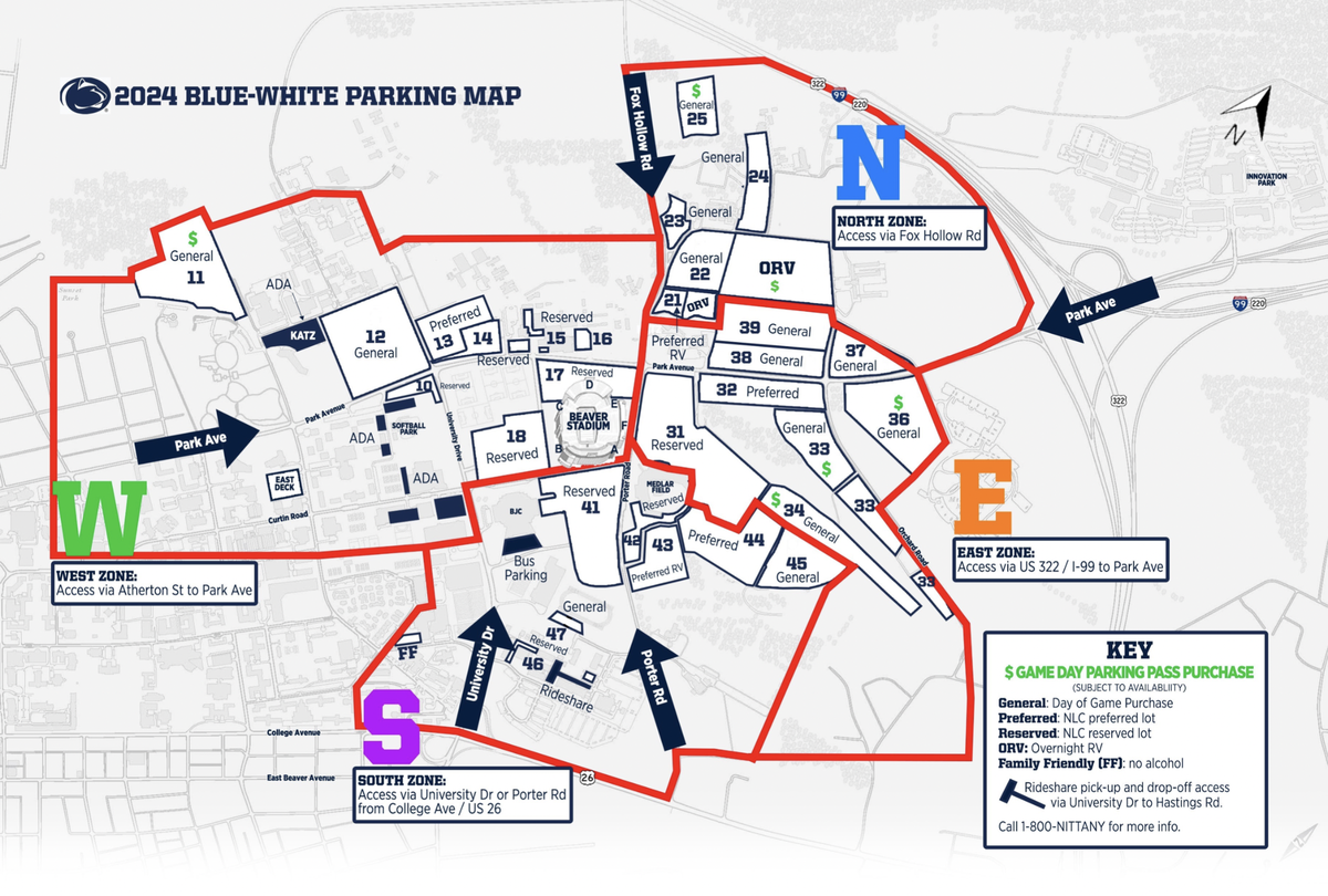Lots marked with $ will offer day-of-game parking purchases at Penn State’s Blue-White game, according to this Penn State Athletics map.