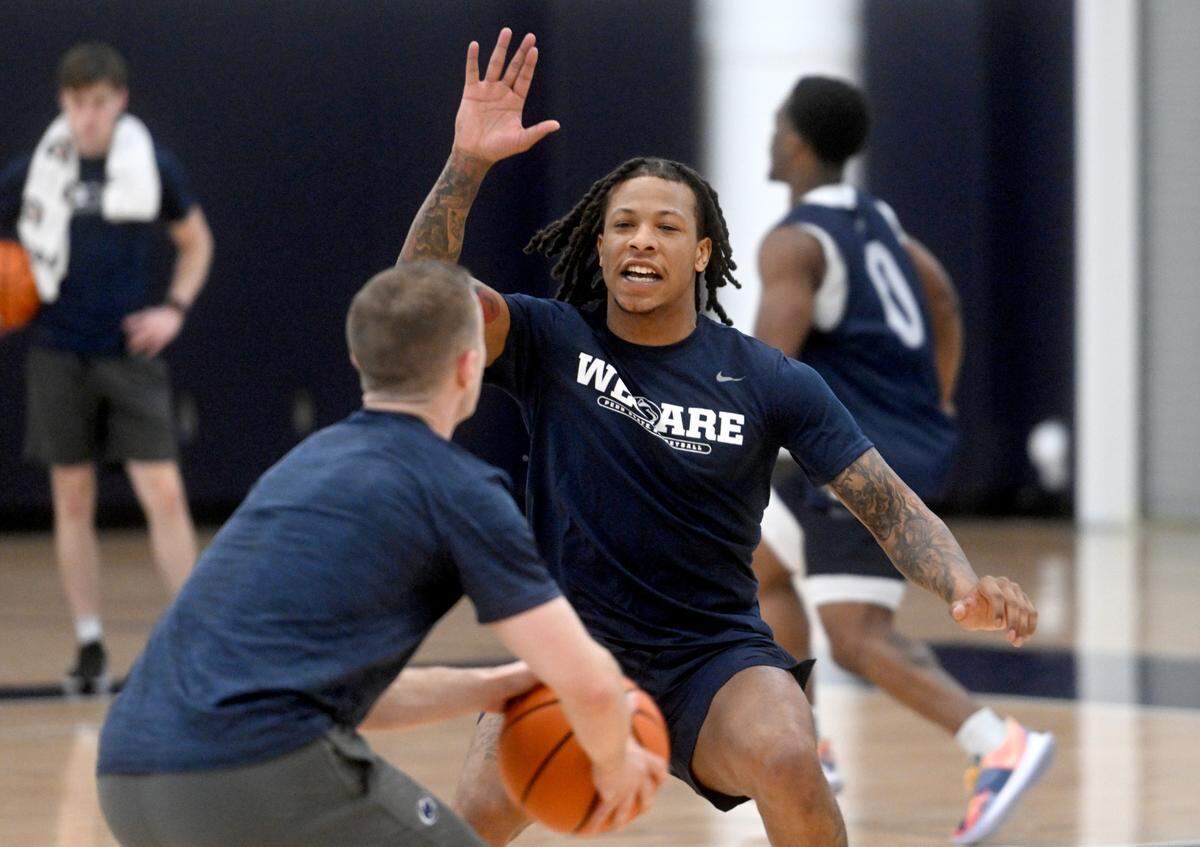 Penn State’s Ace Baldwin Jr. blocks during a men’s basketball summer workout on Tuesday, July 11, 2023.