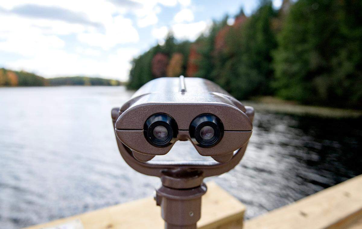The color-correcting viewfinder that has been installed on the fishing pier at Black Moshannon State Park on Wednesday, Oct. 9, 2024. When using the viewfinders, individuals with colorblindness can experience more vibrant colors.