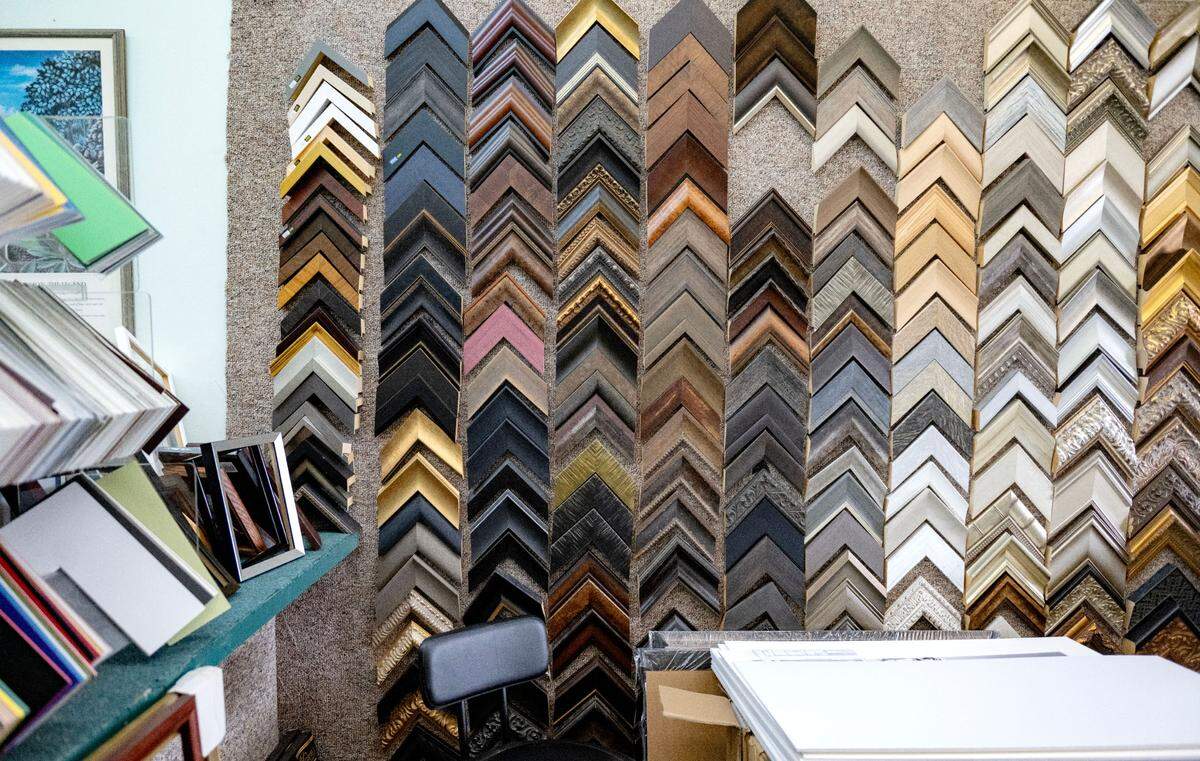 Frame examples line the wall at The Frame Factory and Gallery currently located at 426 Westerly Parkway which will relocate to 137 W. High Street in Bellefonte this summer.