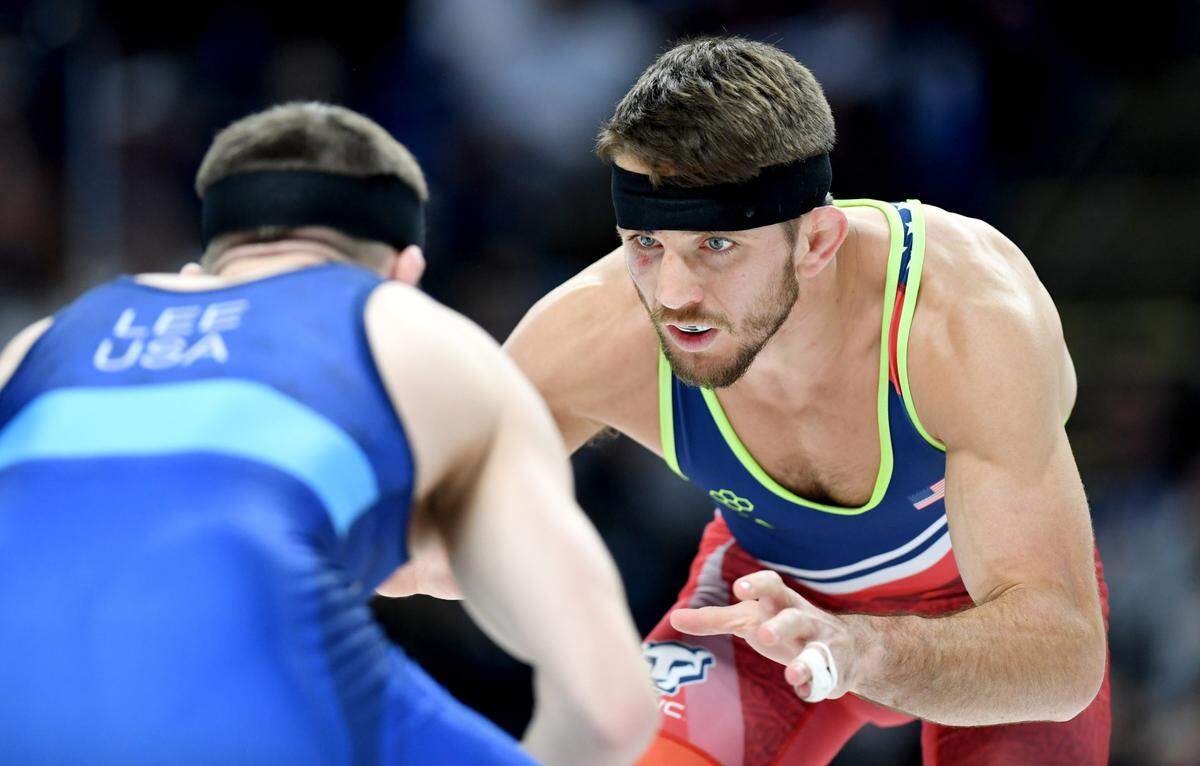 Zain Retherford faces Nick Lee in their second bout for the best-of-three series final at 65 kg during the U.S. Olympic Team Trials at the Bryce Jordan Center on Saturday, April 20, 2024. Retherford won by decision, 5-0.