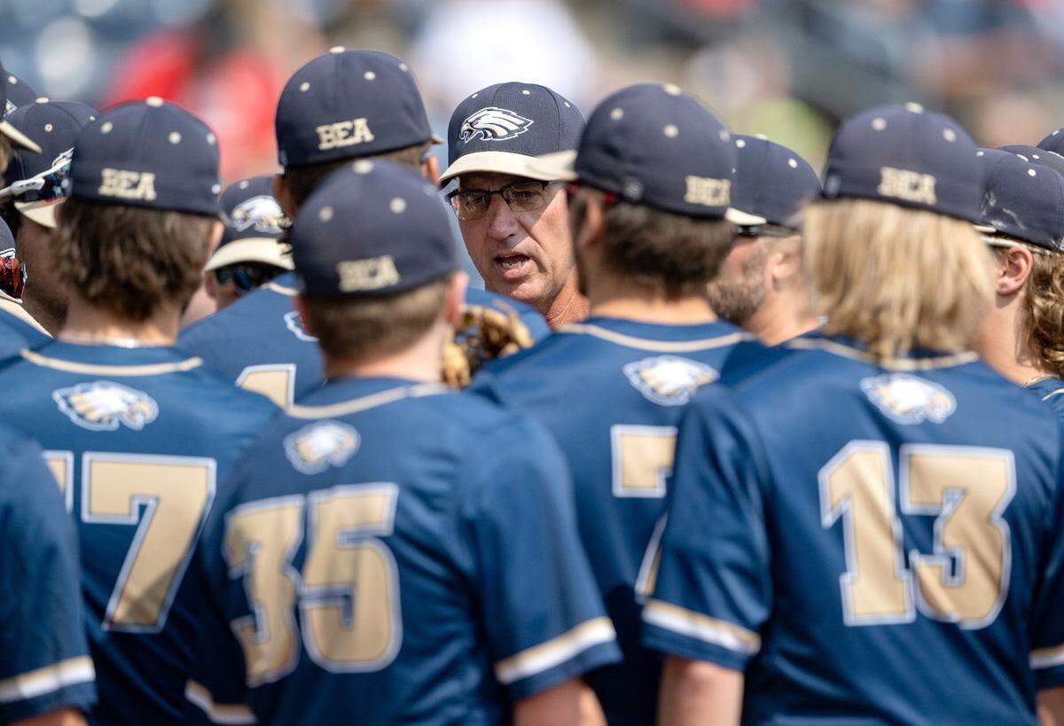 Bald Eagle Area baseball coach Jim Gardner talks to his players before they take the field for the PIAA class 2A championship game against Mount Union at Medlar Field on June 17.