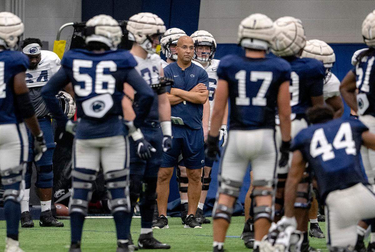 Penn State football coach James Franklin watches the offense and defense run a drill during practice on Wednesday, Sept. 7, 2022.