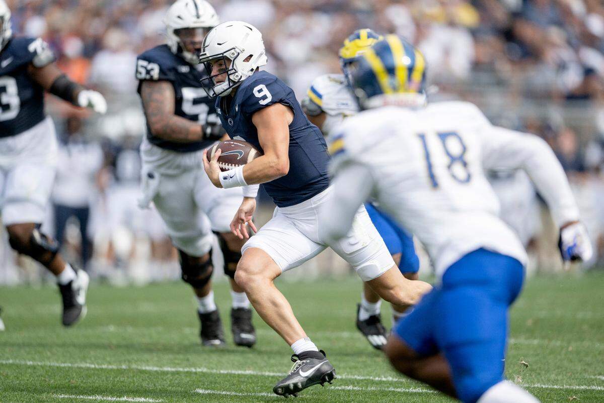 Penn State quarterback Beau Pribula cuts down the field with the ball during the game against Delaware on Saturday, Sept. 9, 2023.