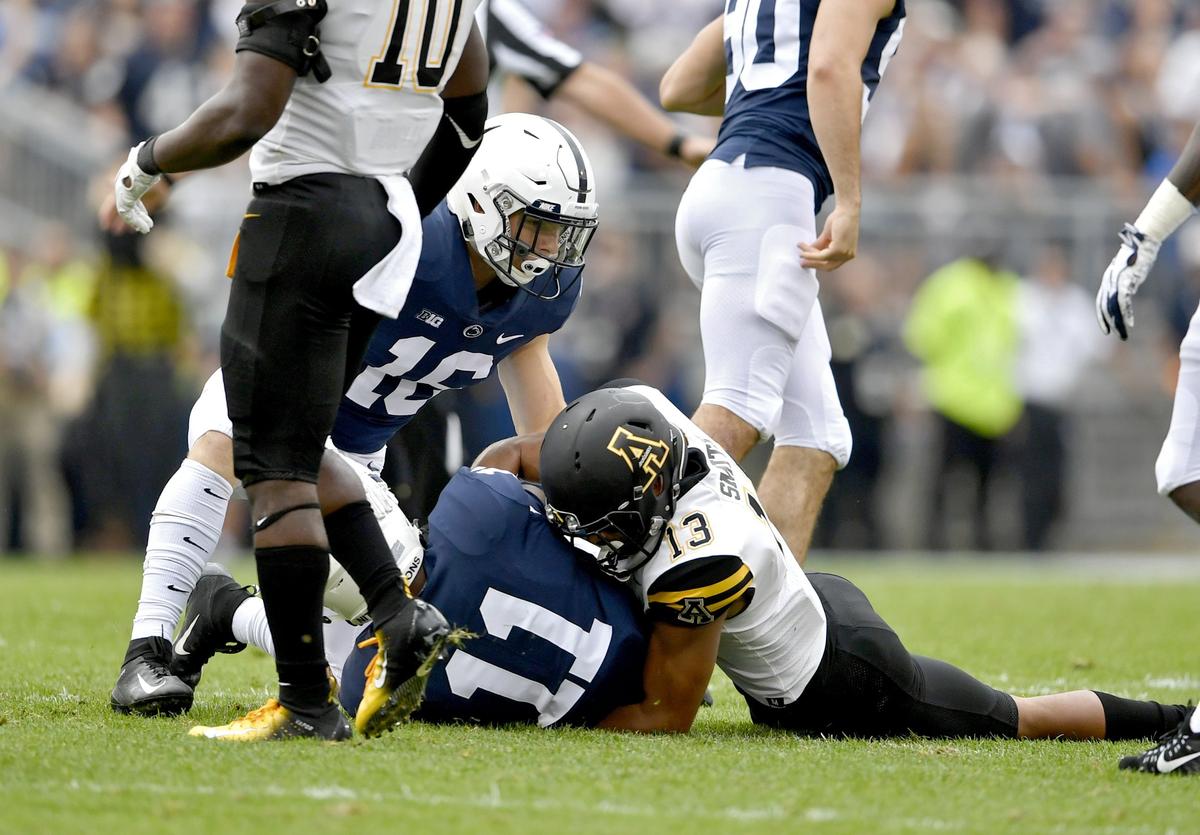 Penn State linebacker Micah Parsons recovers the ball after a kickoff during the game Saturday, Sept. 1, 2018 game against Appalachian State at Beaver Stadium.