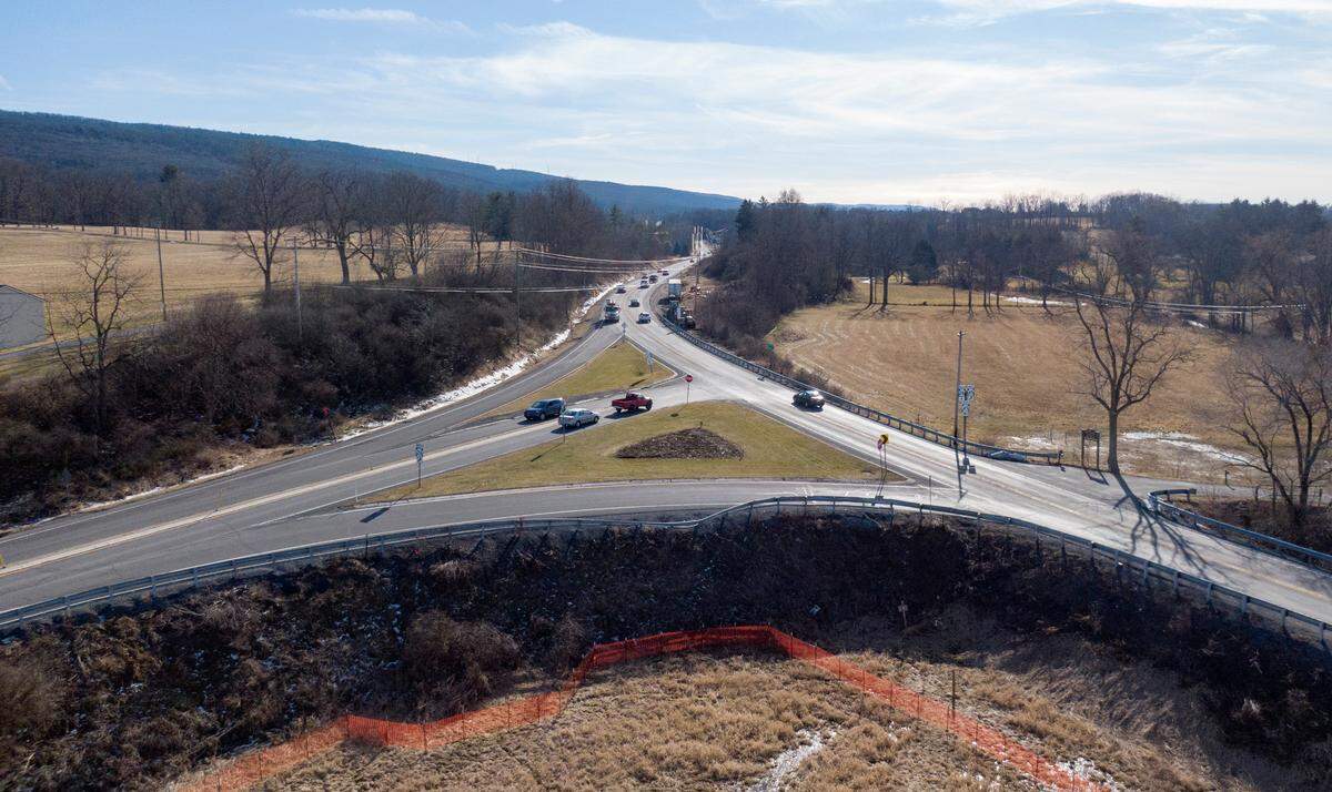 Traffic travels through the intersection of Route 26 and Route 45 in Ferguson Township on Friday, March 4, 2022. Work to improve the intersection has started and will continue through November.