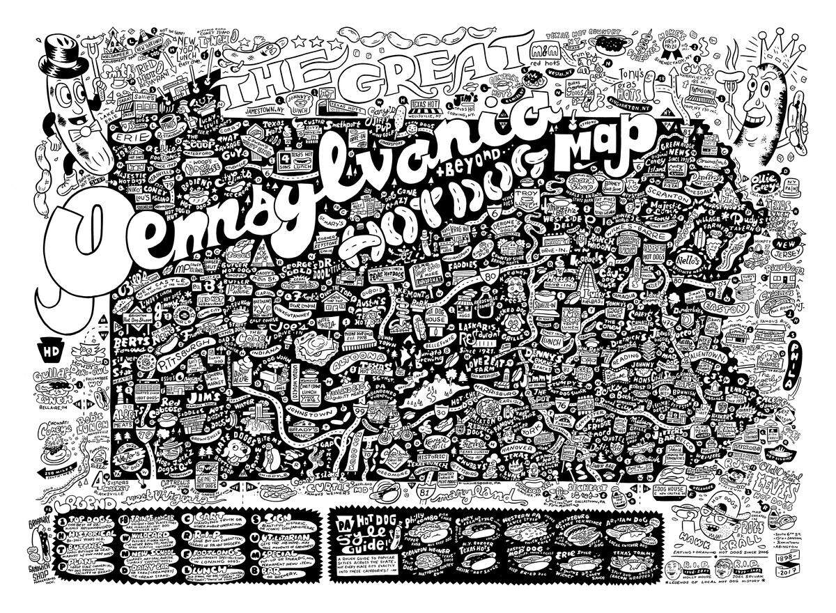 The Great Pennsylvania Hot Dog Map, a custom illustration of the state’s many franks and where to find them.