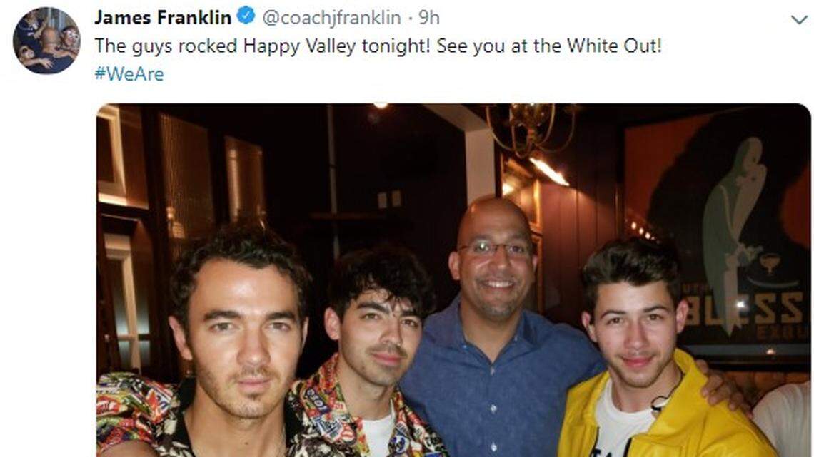 The Jonas Brothers had a surprise performance at Champs Downtown on Friday night. They were joined on stage at one point by Penn State football Coach James Franklin, who invited the band to the White Out game. His Twitter account -- http://twitter.com/coachjfranklin -- carried this photo.