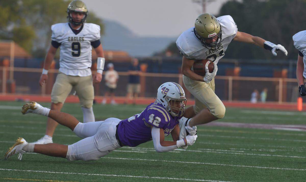 Bald Eagle Area’s Ethan Stark (31) is brought down by a Bishop Guilfoyle defender Saturday at Altoona’s Mansion Park.