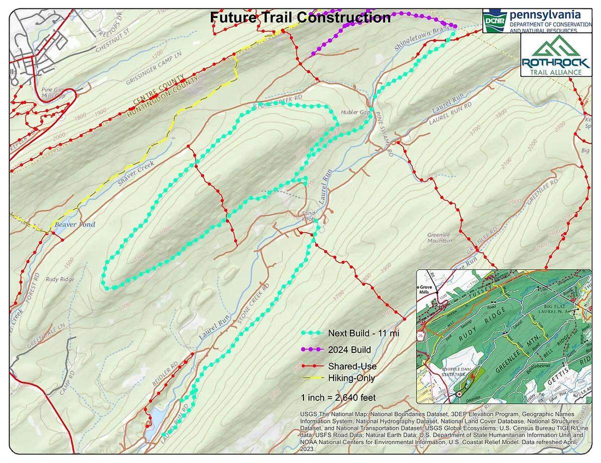 A graphic from RothrockTrails.org shows the newest planned trails that will connect Hubler Gap with Whipple Dam State Park. (Note that the “2024 Build” trail is actually being constructed in 2025 and is not part of the latest project.)