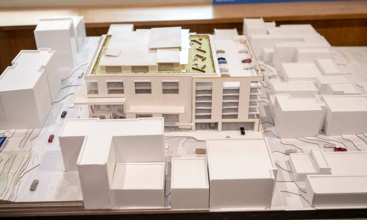 A model and renders of proposed Nittany Performing Arts Centre in the State College Municipal building on Wednesday, July 13, 2022.
