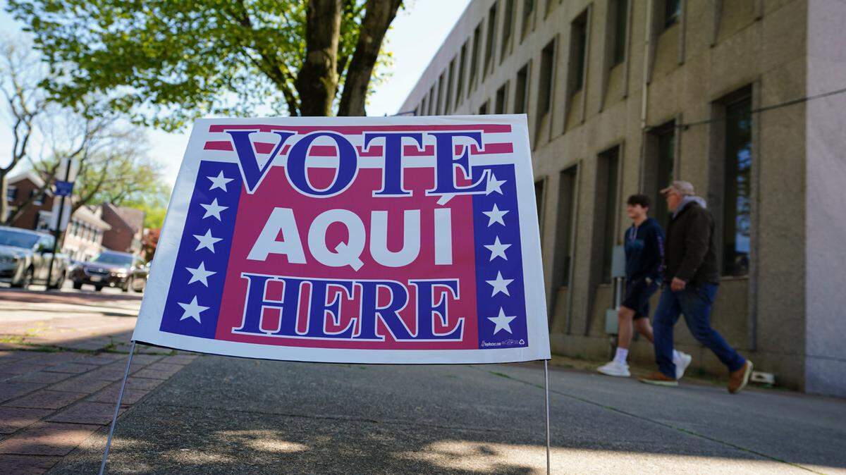 A voting location sign is seen April 23, 2024, at Bethlehem City Hall in Bethlehem, Northampton County, Pennsylvania.