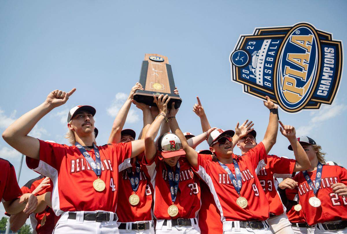 Bellefonte baseball celebrates their 7-1 win over Dallas to be the PIAA Class 4A champions at Medlar Field on Saturday, June 17, 2023.