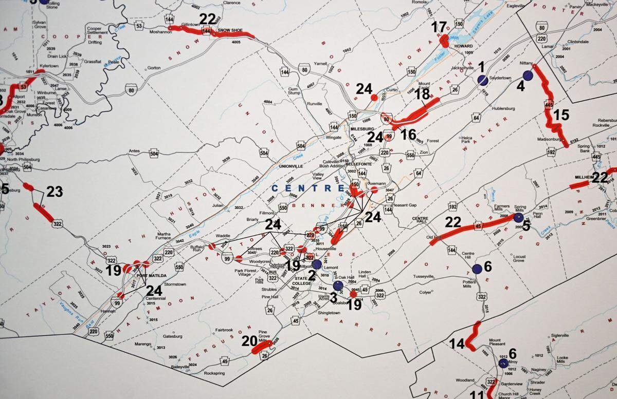 A map showing multiple Pennsylvania Department of Transportation projects in Centre County on Tuesday, April 15, 2025. Blue dots indicate bridges and red indicates some sort of road or technology work.