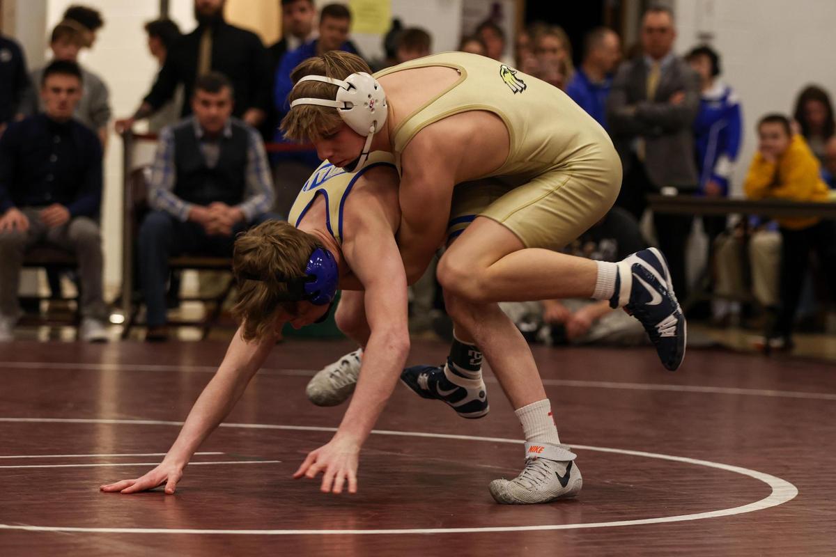 Bald Eagle Area’s Tanner Guenot controls Chestnut Ridge’s Dominic Deputy in their 121 pound finals match of the PIAA Class 2A Southwest Regional on Saturday in Altoona. Guenot defeated Deputy, 3-2.