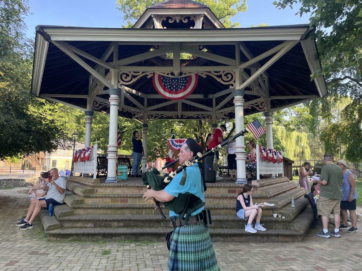 A bagpiper from the Nittany Highland Pipe Band at Bellefonte’s America 250 celebration on Friday, July 3, 2026.