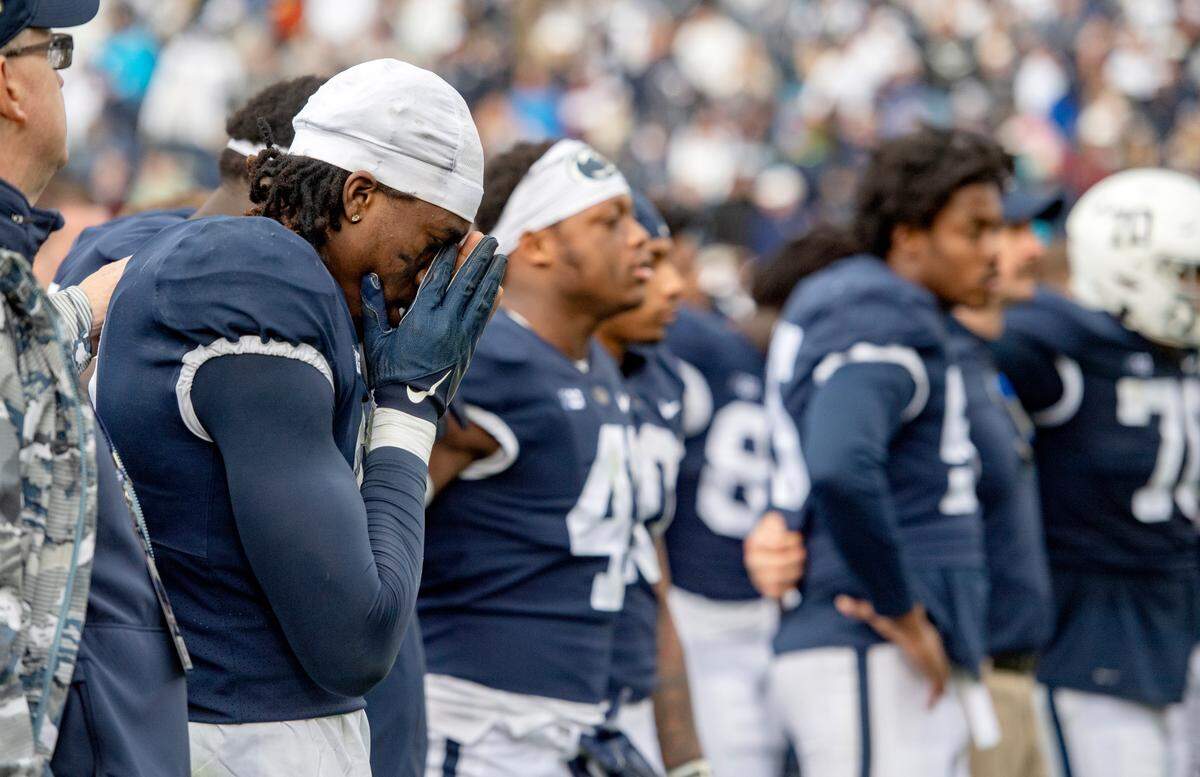 Penn State cornerback Joey Porter Jr. stands in disappointment for the alma matter after the 9 overtime loss against Illinois on Saturday, Oct. 23, 2021.