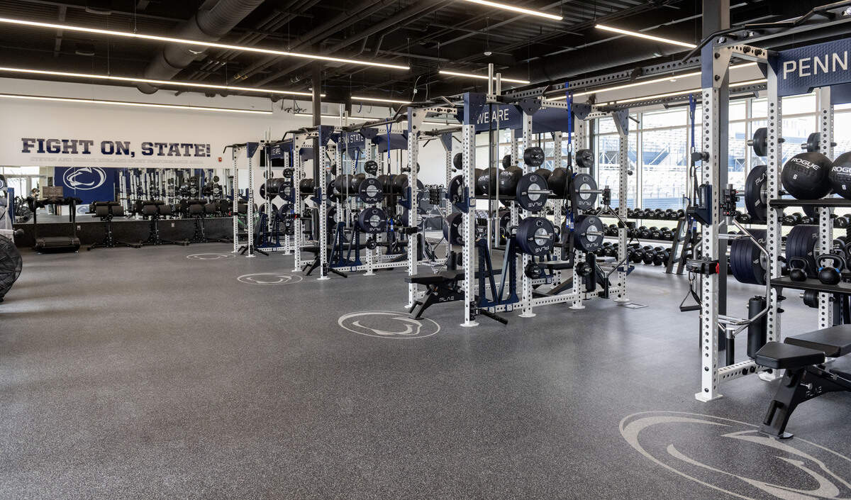 The weight room of the newly finished Jeffrey Field Soccer Complex for the Penn State soccer teams.