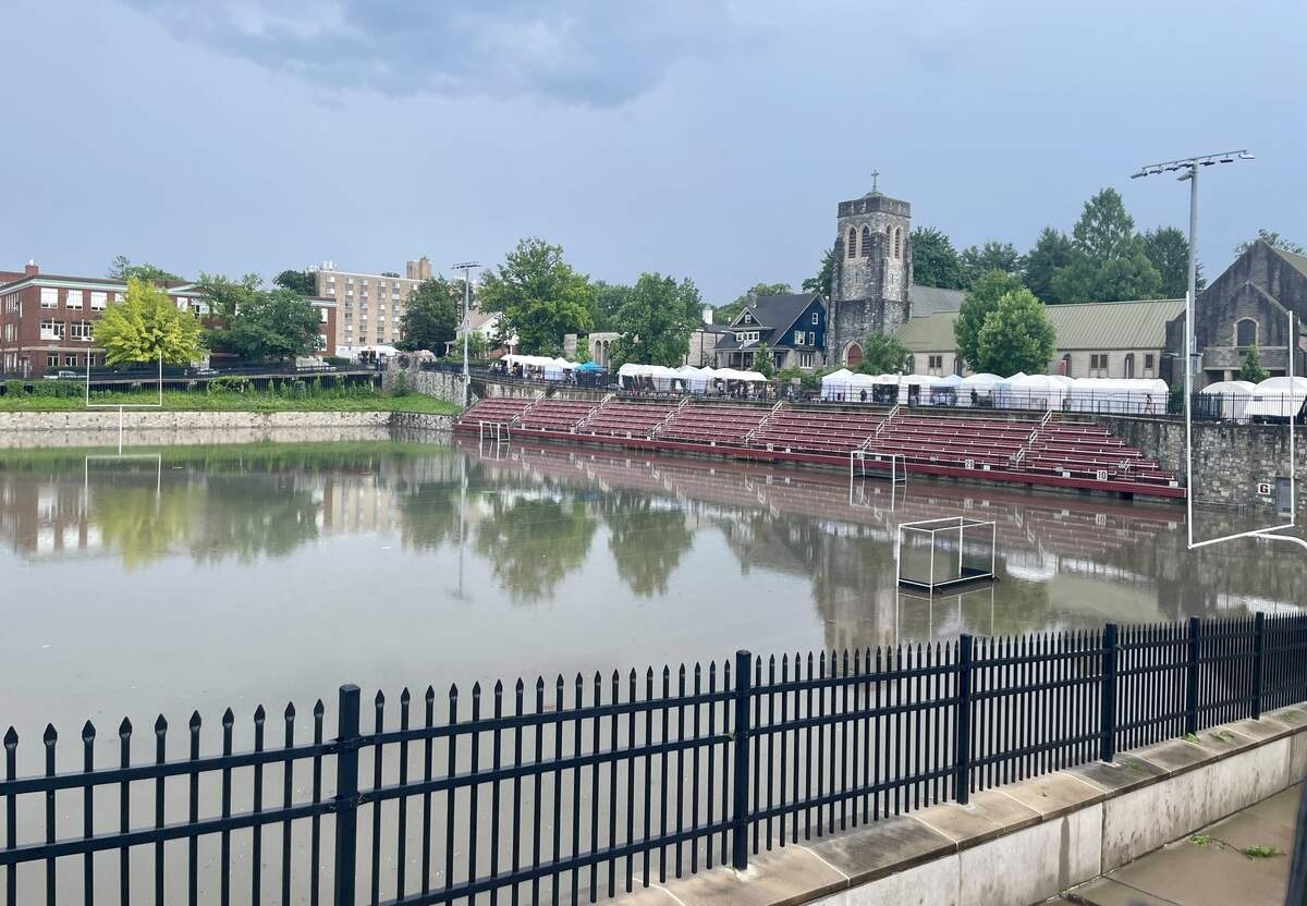 Heavy rain flooded Memorial Field in State College on Friday, July 10, 2026.