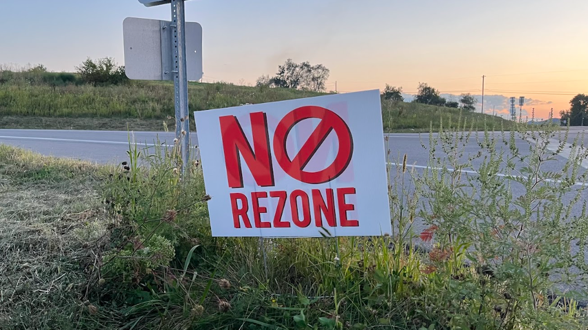 A “NO REZONE” sign is pictured at the intersection of Walt Road and and Jacksonville Road in Marion Township.