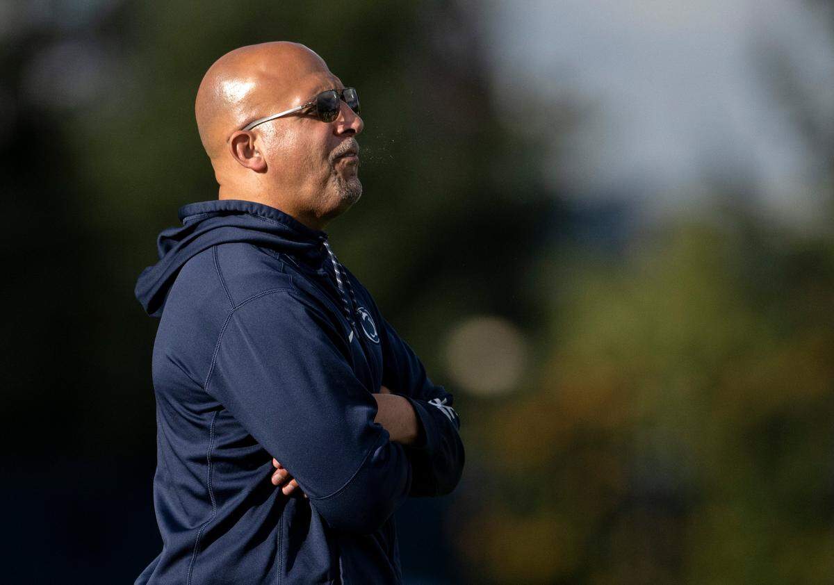 Penn State football coach James Franklin yells to the offense as they run drills during practice on Wednesday, Sept. 28, 2022.