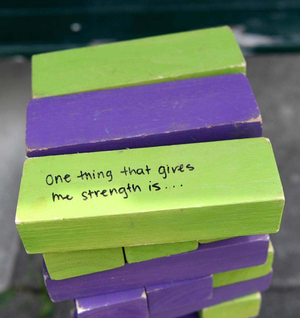 One game from the Jana Marie Foundation is giant Jenga with questions written on the blocks.
