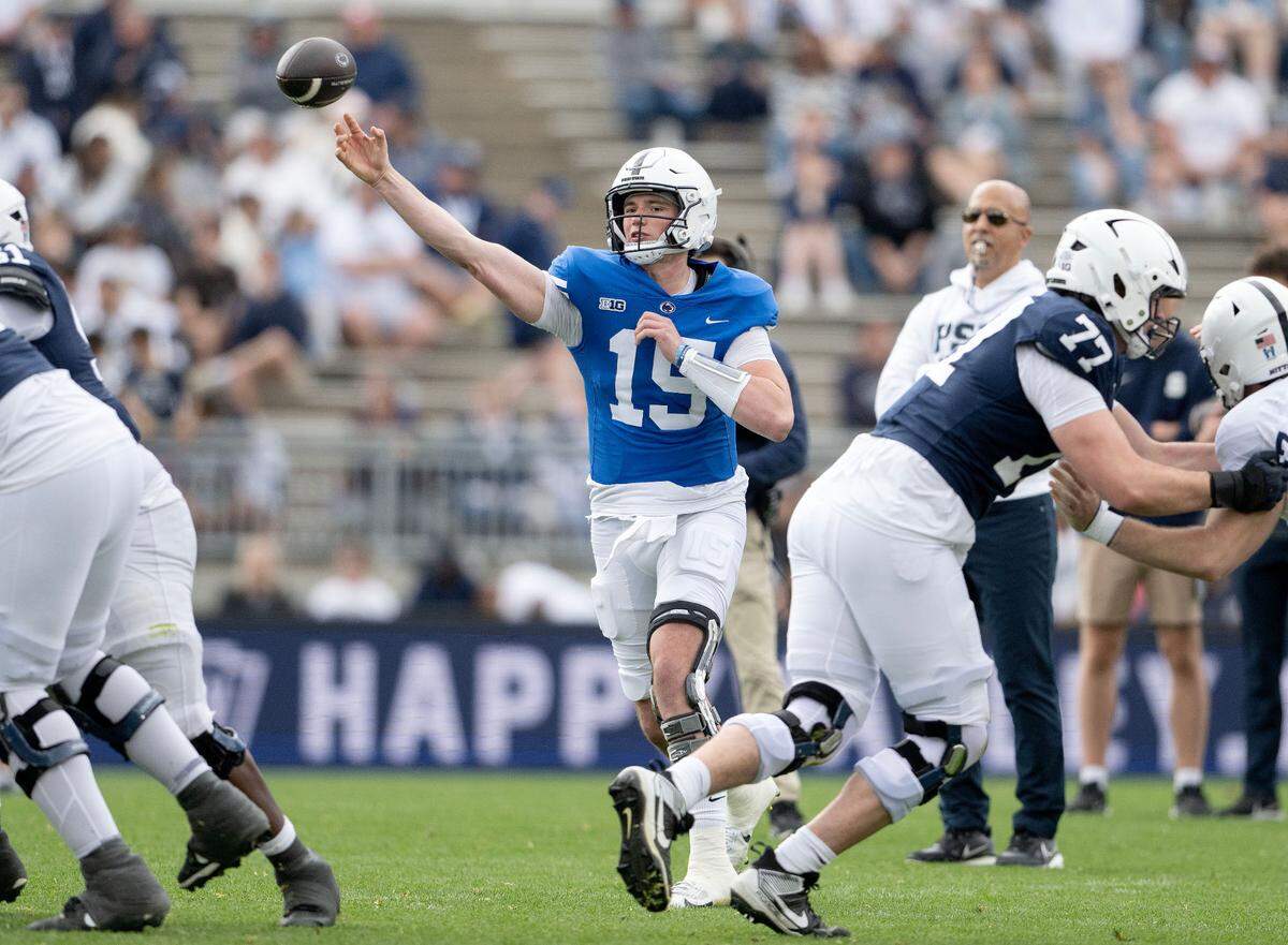 Penn State quarterback Drew Allar makes a pass during the Blue-White game on Saturday, April 26, 2025.