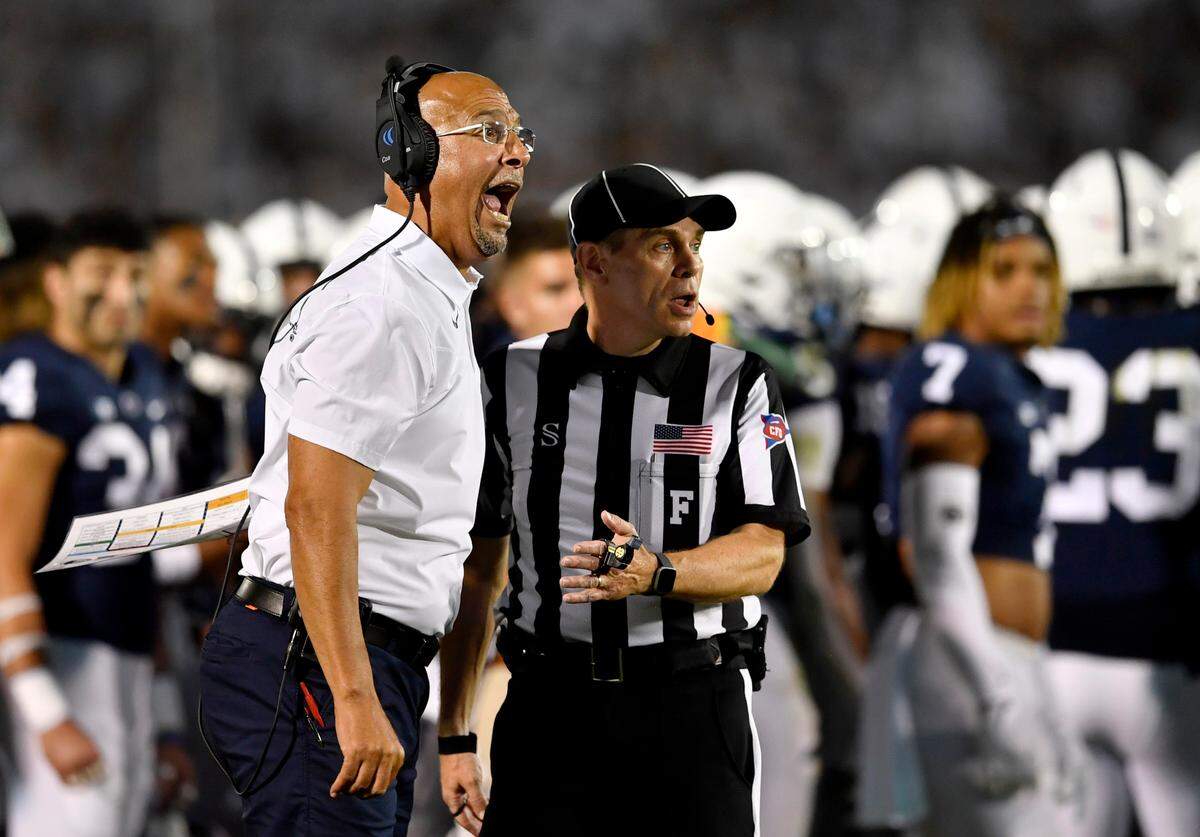 Penn State football coach James Franklin yells to the refs after during the game on Saturday, Sept. 18, 2021.