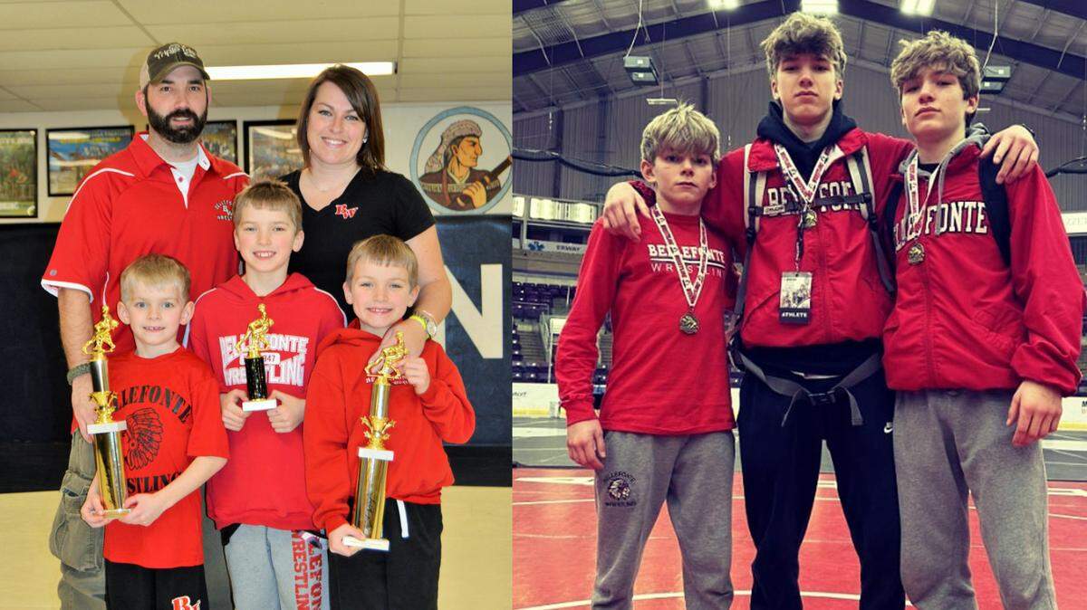 A love of wrestling runs deep for the Long family, which includes parents Shane and Raquel and their sons, from left, Wyatt, Gage and and Jackson. On the right, Wyatt, Gage and Jackson now all wrestle for Bellefonte’s varsity team.