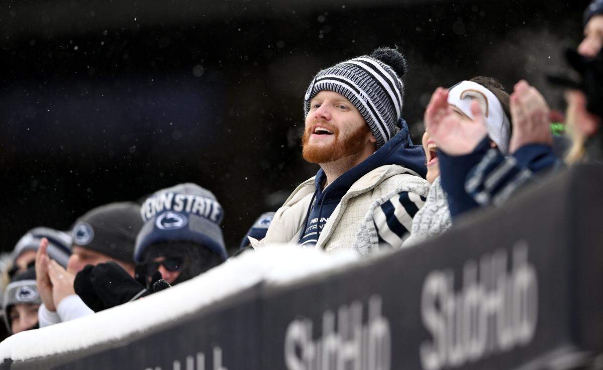 Penn State fans brave the cold for the Pinstripe Bowl at Yankee Stadium on Saturday, Dec. 27, 2025.  