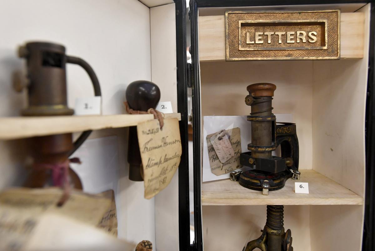 A display of 19th Century handstamps and cancellers on display at the American Philatelic Research Library.  There will be speakers, book signings, and special exhibits at the American Philatelic Research Library in Bellefonte this weekend.