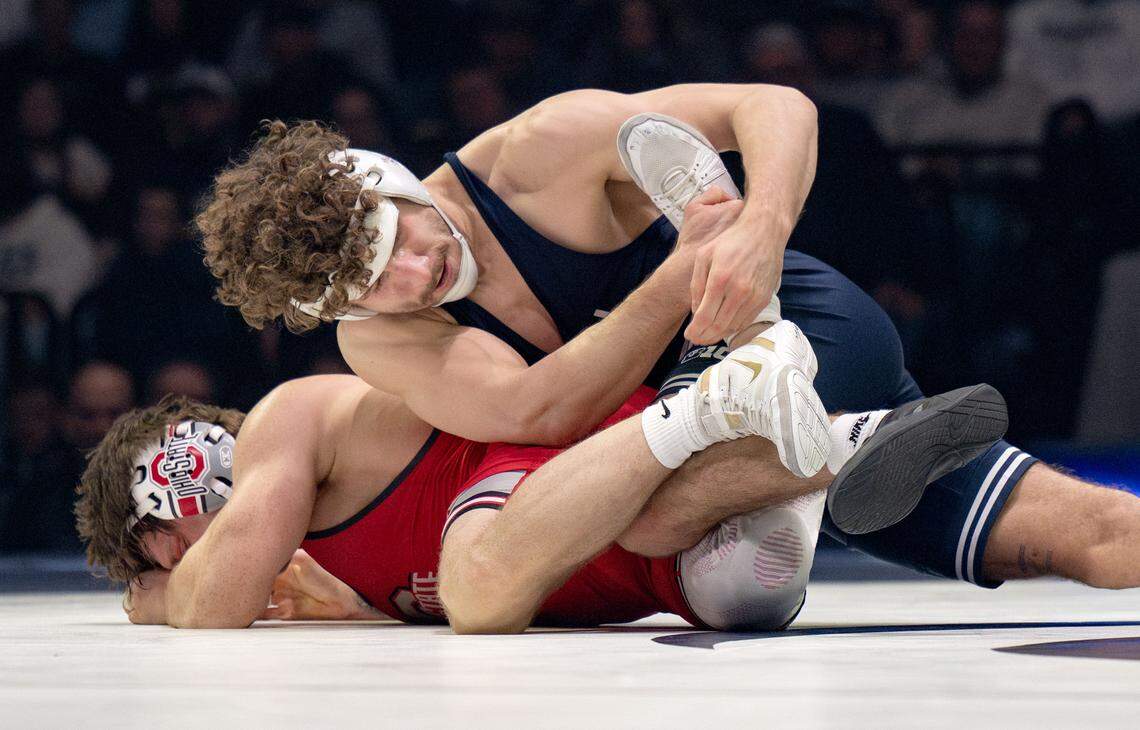 Penn State's Mitchell Mesenbrink controls Ohio State’s Paddy Gallagher in the 165 lb bout on Friday, Feb. 13, 2026 at the Bryce Jordan Center.