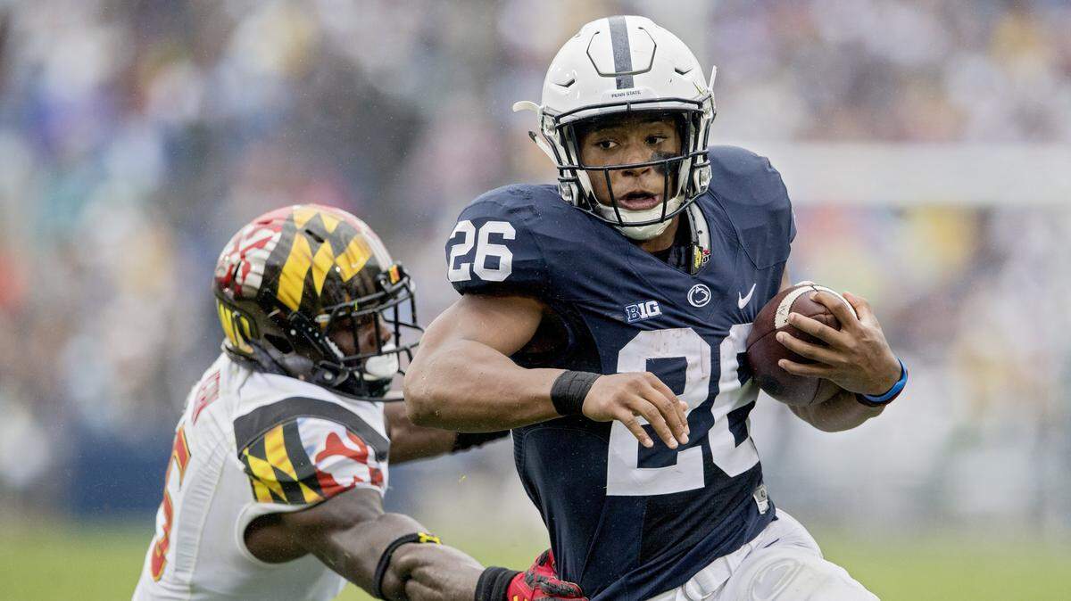 Penn State running back Saquon Barkley avoids the tackle from Maryland defensive end Melvin Keihn to run into the end zone but the touchdown was called back due to a penalty during the Saturday, October 8, 2016 game at Beaver Stadium. Penn State won, 38-14.