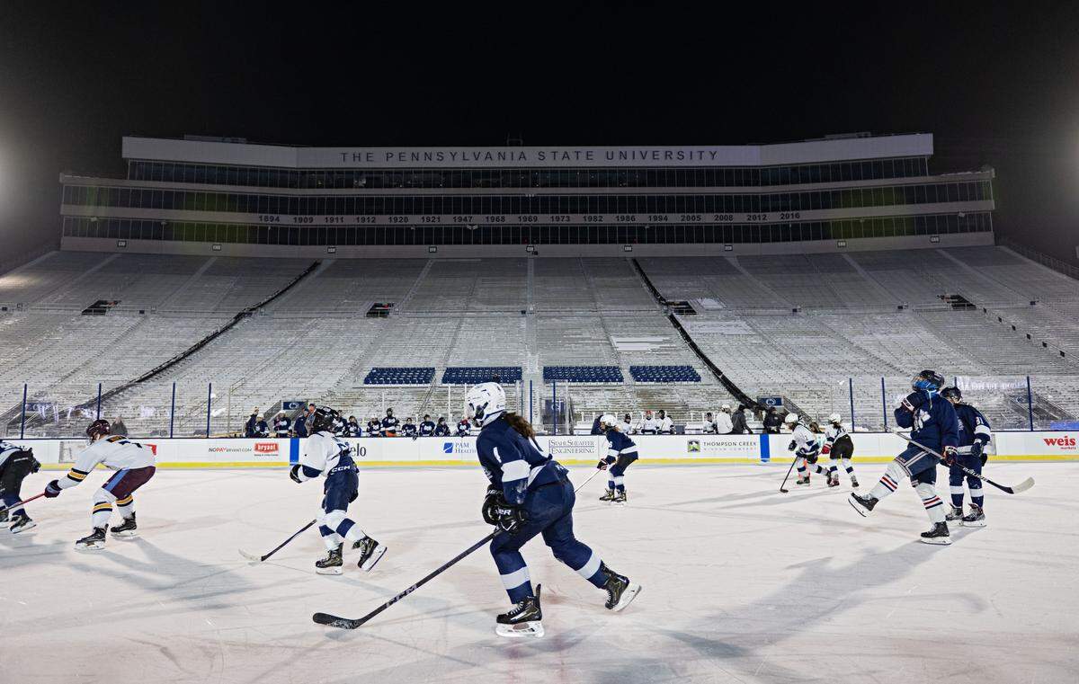 The Icers 12U team plays on the ice at Beaver Stadium on Wednesday, Jan. 28, 2026. Penn State’s men’s hockey team will take on Michigan State at the rink at 1 p.m. Saturday.