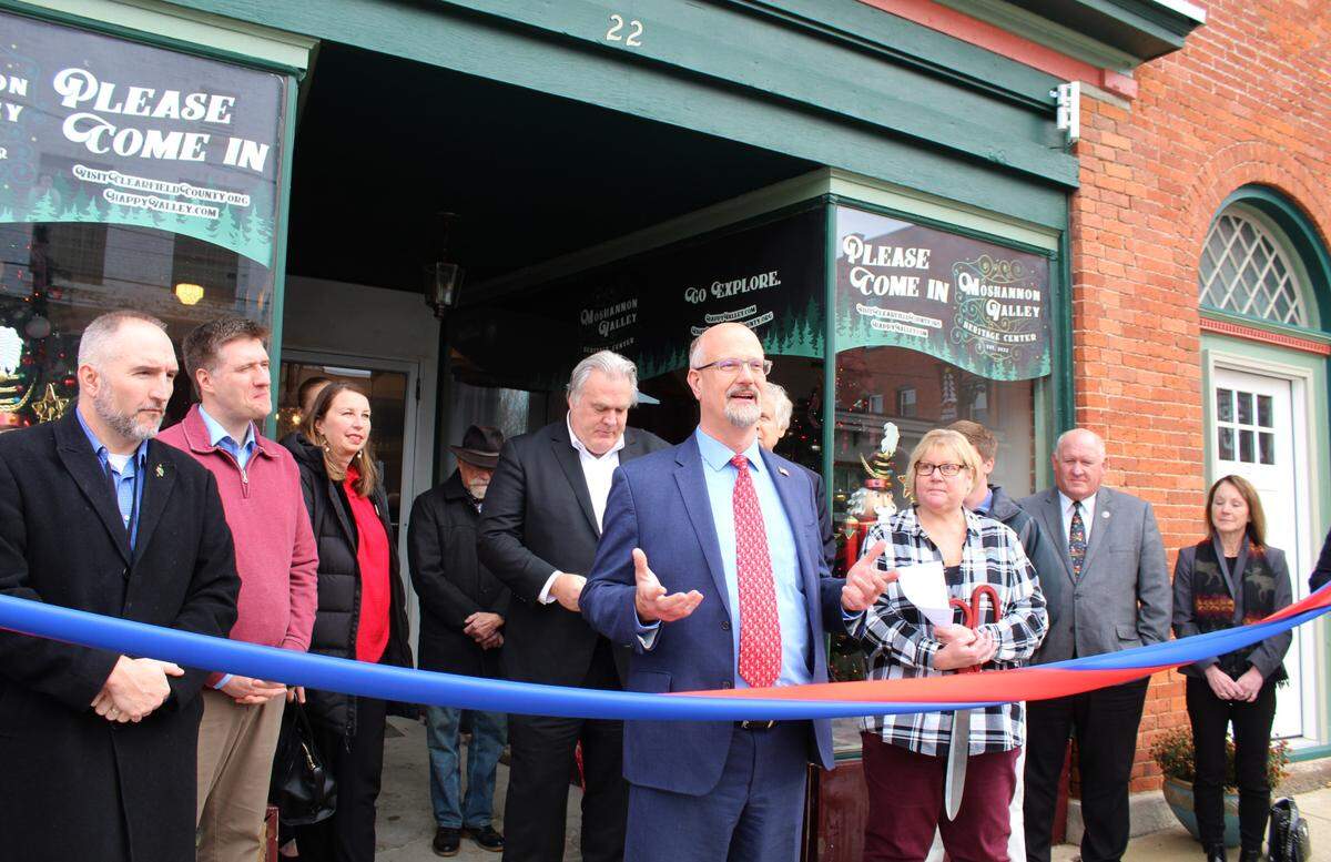 Centre County Commissioner Mark Higgins speaks at a ribbon cutting Friday for the new Moshannon Valley Heritage Center in Philipsburg.