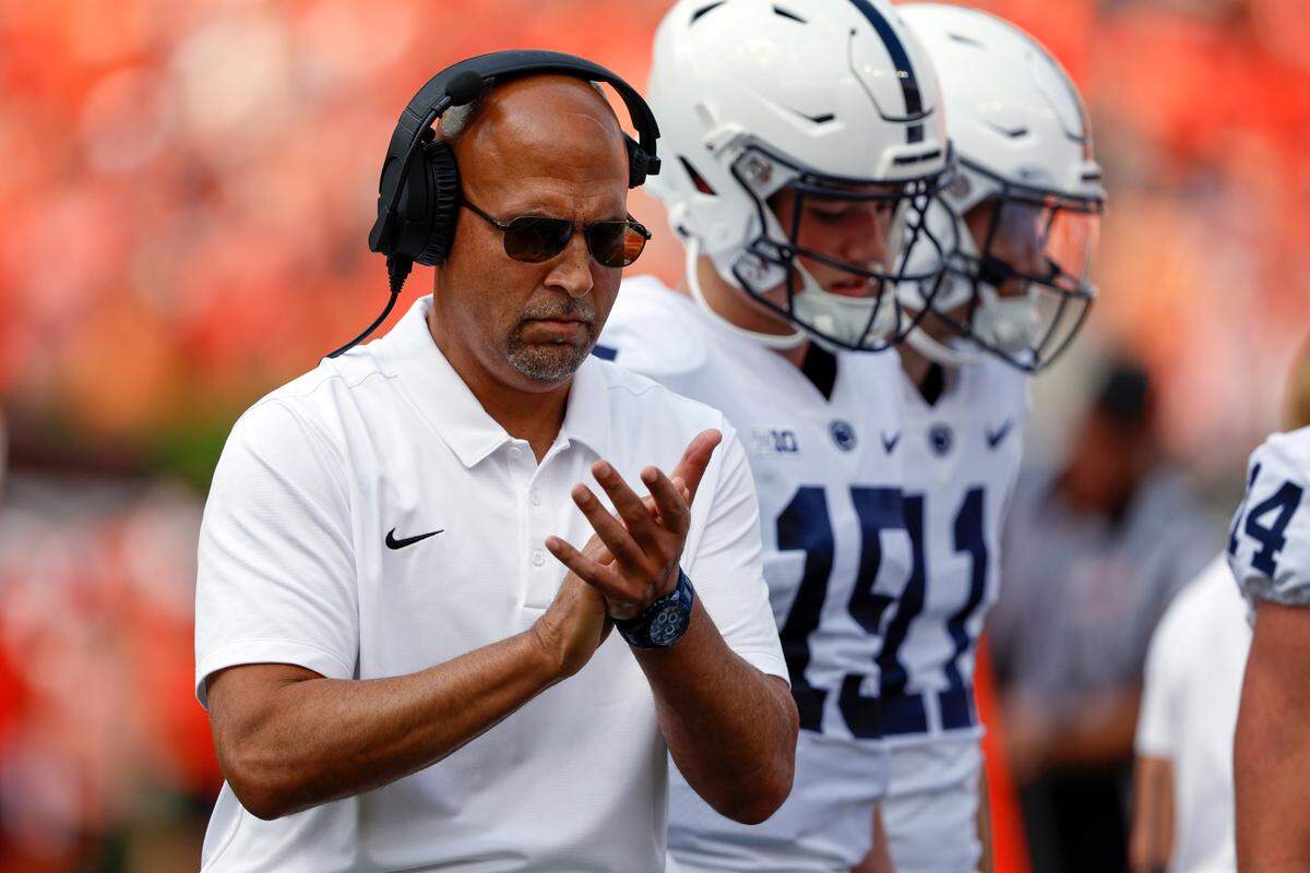 Penn State head coach James Franklin reacts to a play during the first half of the game against Auburn, Saturday, Sept. 17, 2022, in Auburn, Ala.