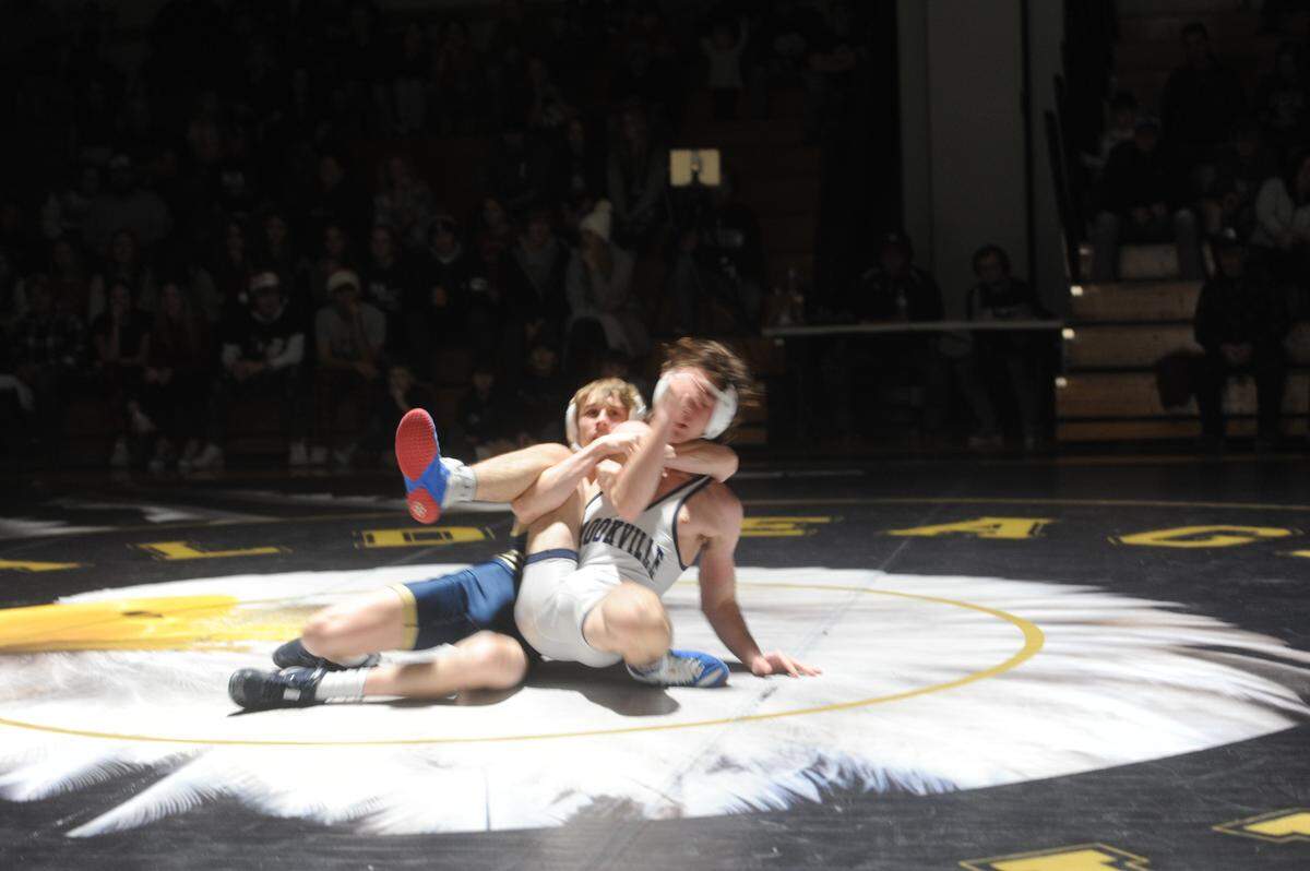 Bald Eagle Area’s Jeffre Pifer cradles up Brookville’s Brecken Cieleski during their 145-pound bout during the Eagles’ 45-23 win on Thursday. Pifer pinned Cieleski in 1:11.