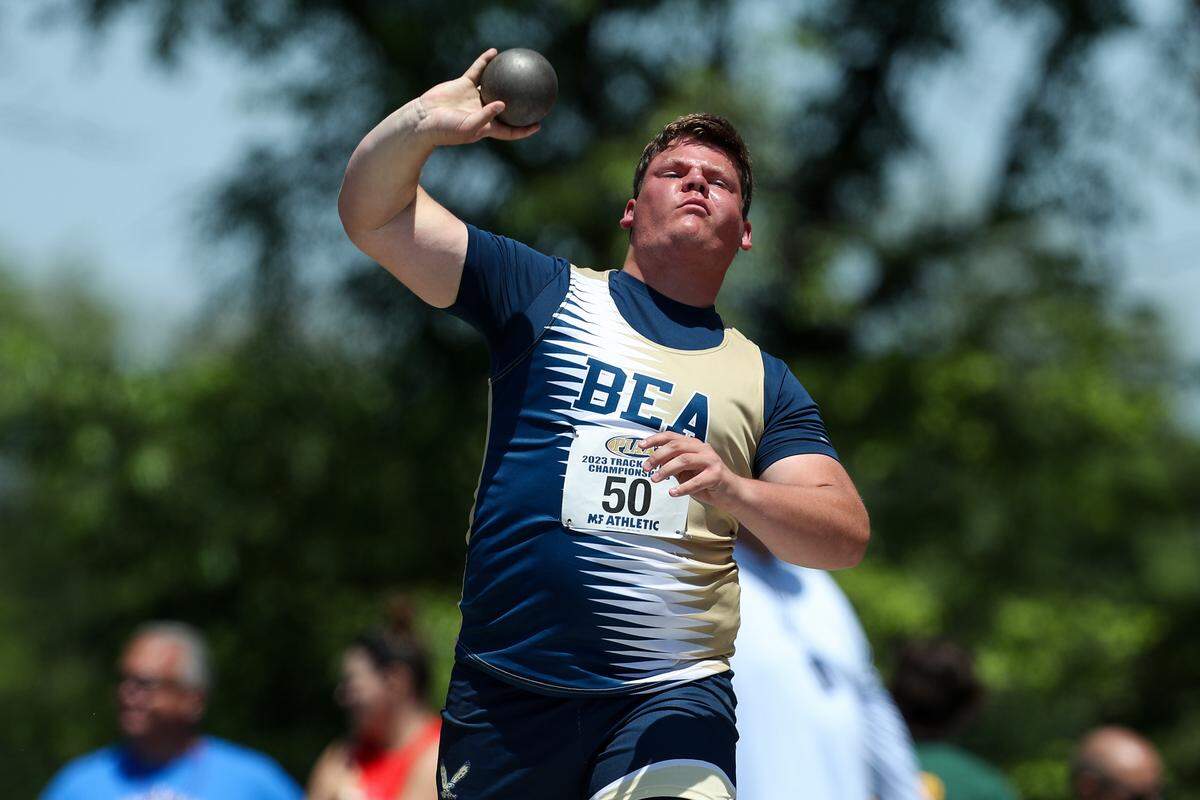 Bald Eagle Area’s Kieran Jodon competes in boys Class 2A shot put finals during the PIAA State Track and Field Championships held Saturday at Seth Grove Stadium on the Shippensburg University campus in Shippensburg.