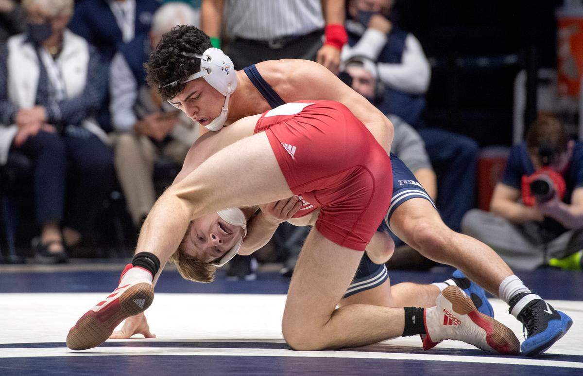 Penn State’s Beau Bartlett controls Indiana’s Graham Rooks in the 149 lb bout during the match on Sunday, Jan. 9, 2022.