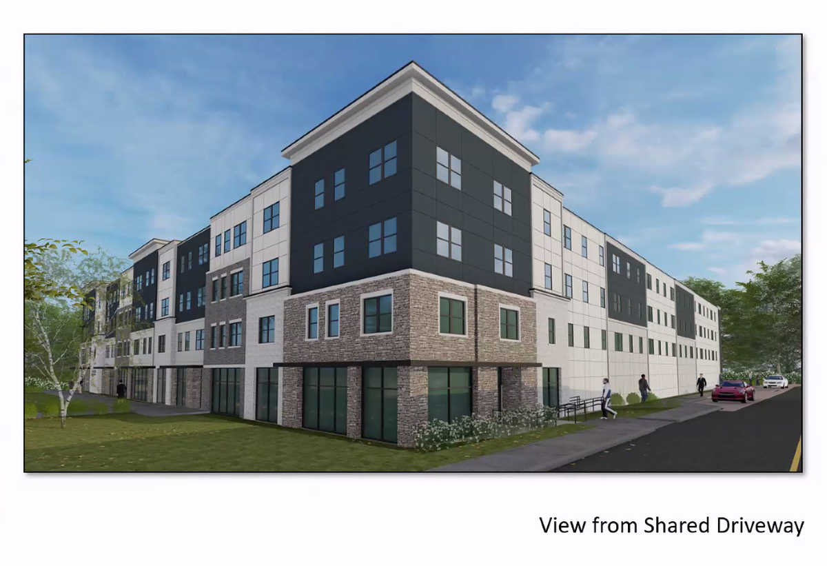 A 3D rendering shows the proposed four story apartment complex planned for 734 S. Atherton Street, State College.
