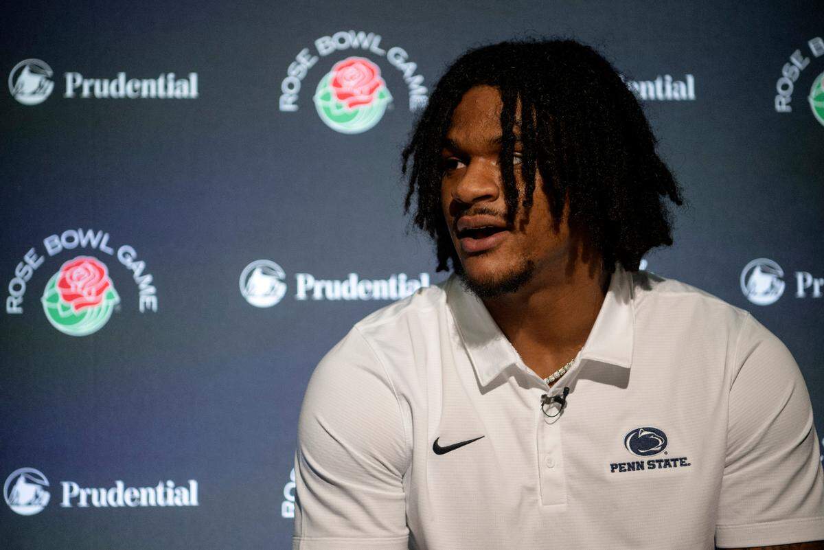 Penn State linebacker Curtis Jacobs answers questions during a press conference on Friday, Dec. 30, 2022 in Los Angeles.