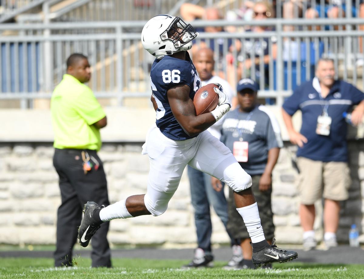Penn State wide receiver Daniel George scores a touchdown during a game against Kent State Saturday, Sept. 15, 2018 at Beaver Stadium.