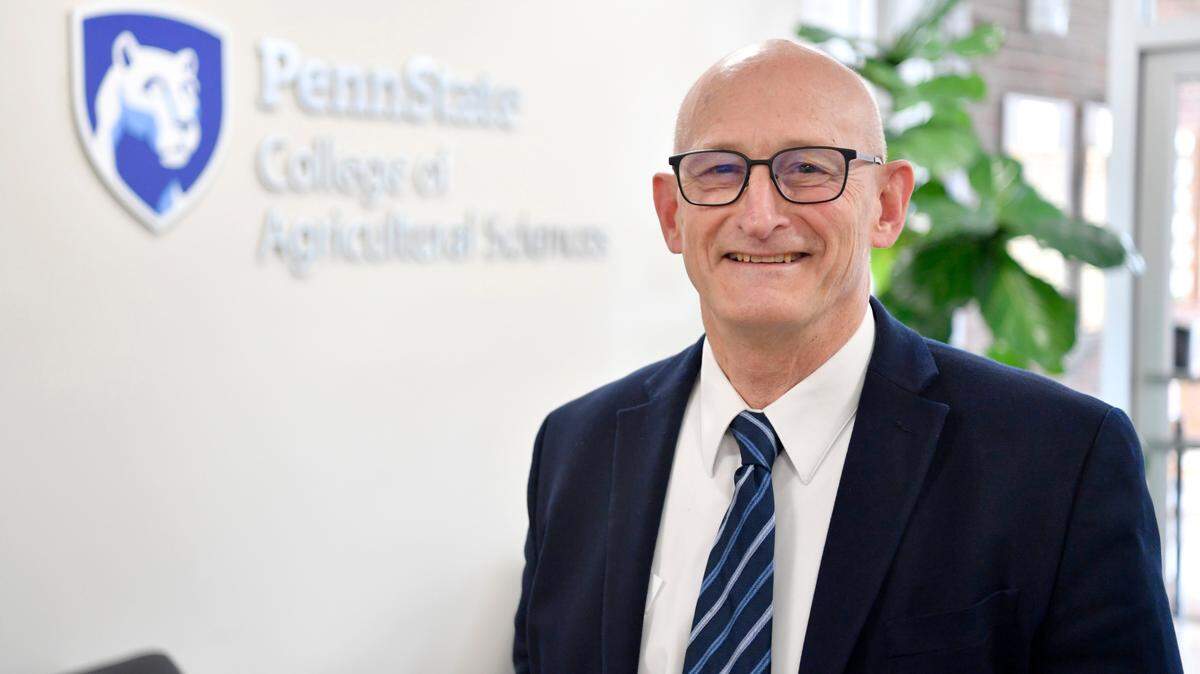 Penn State’s College of Agriculture Sciences Dean Rick Roush poses on April 11 in the lobby of the Ag Administration building.