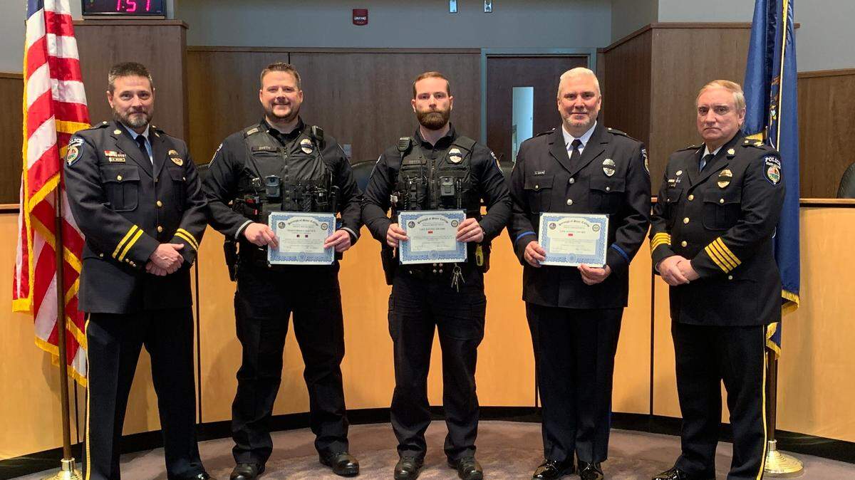 From left, State College police Assistant Chief Matthew Wilson, Lt. Barrett Smith, officer Nathan Betts, Lt. Todd Scholton and Chief John Gardner at a Tuesday award ceremony.